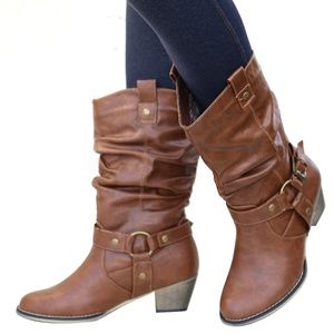 New Tan Western Mid-Calf Slouchy Cowboy Boots